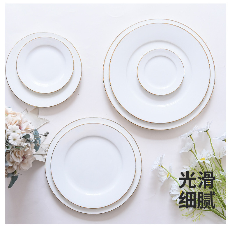 Customized Decal Designs White and gold charger plates Round High Quality Bone China Flat Plate with Gold Rim for restaurant