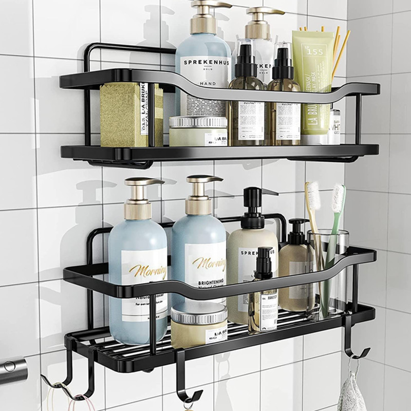 ANA Adhesive Bathroom Wall Mounted Stainless Steel 2 Tier Shower Caddy Storage Organizer with 4 hooks