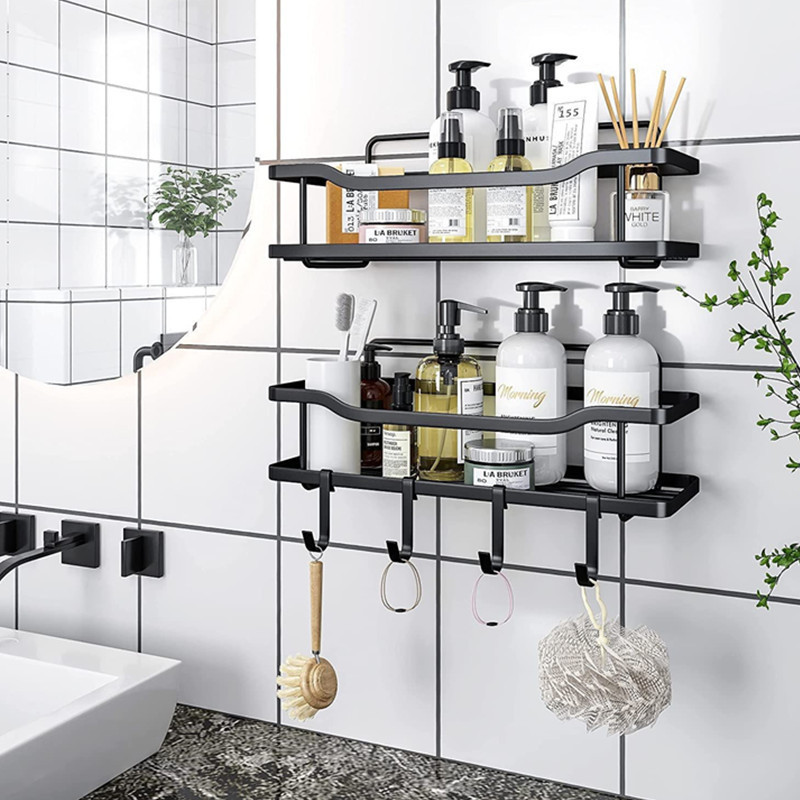 ANA Adhesive Bathroom Wall Mounted Stainless Steel 2 Tier Shower Caddy Storage Organizer with 4 hooks