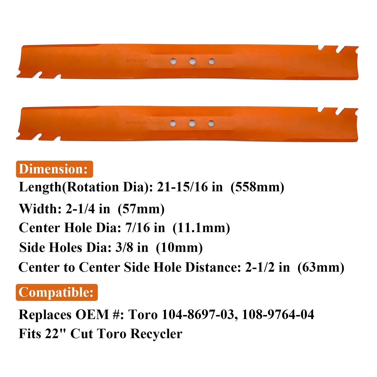 Antanker 22 inch blade for Toro Recyclers Decks 108-9764-03 104-8697-03 131-4547-03 lawn mower Medium-Lift Blade