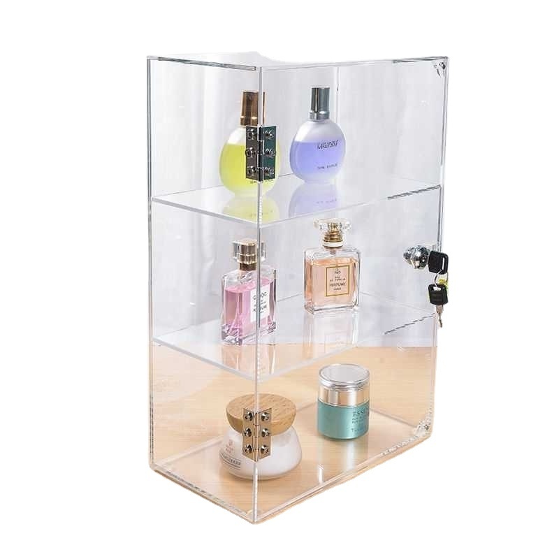 Factory wholesale customized clear acrylic cosmetics display cabinet with shelves,hinged door and lock.