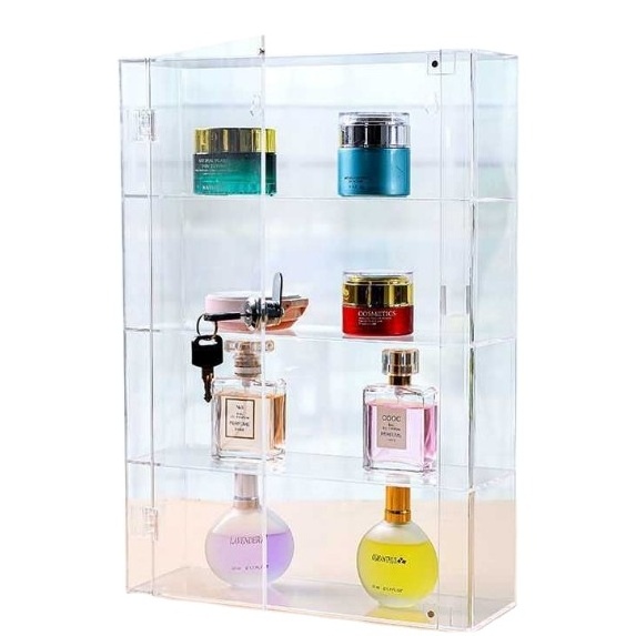 Factory wholesale customized clear acrylic cosmetics display cabinet with shelves,hinged door and lock.