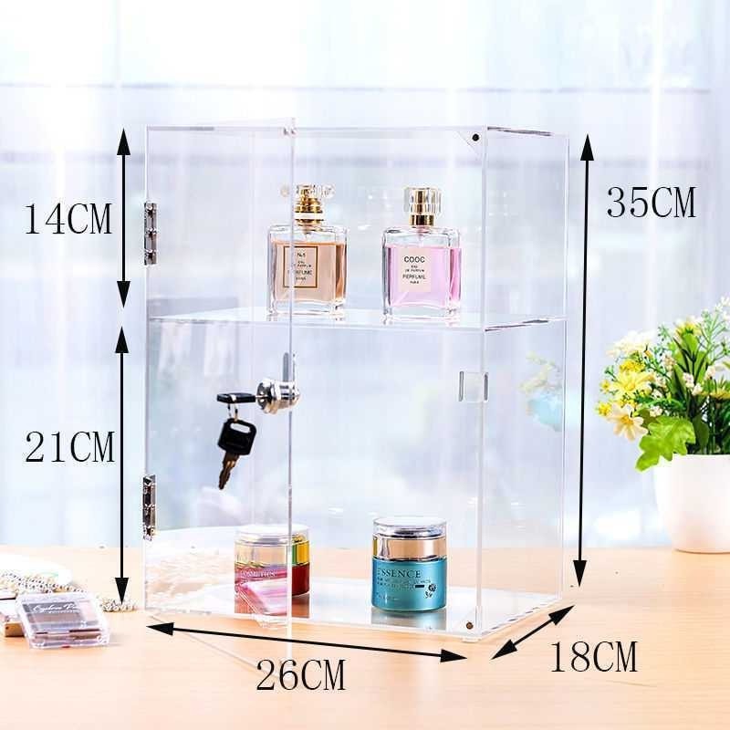 Factory wholesale customized clear acrylic cosmetics display cabinet with shelves,hinged door and lock.