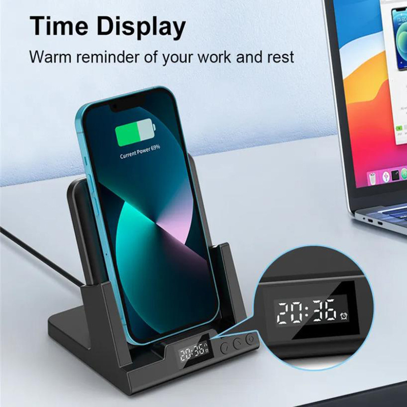 Alarm Clock 2 In 1 15W Magnetic Mobile Phone Holder Mini Portable Mobile Charger Holder for iPhone Fast Car Wireless Charger