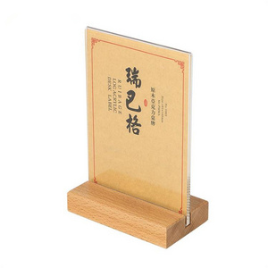 Double Sided Sign Card KTV Thick  A4 A5 A6 A7 Restaurant Clear Tabletop Acrylic T-Shaped Wood Menu Holder Stand