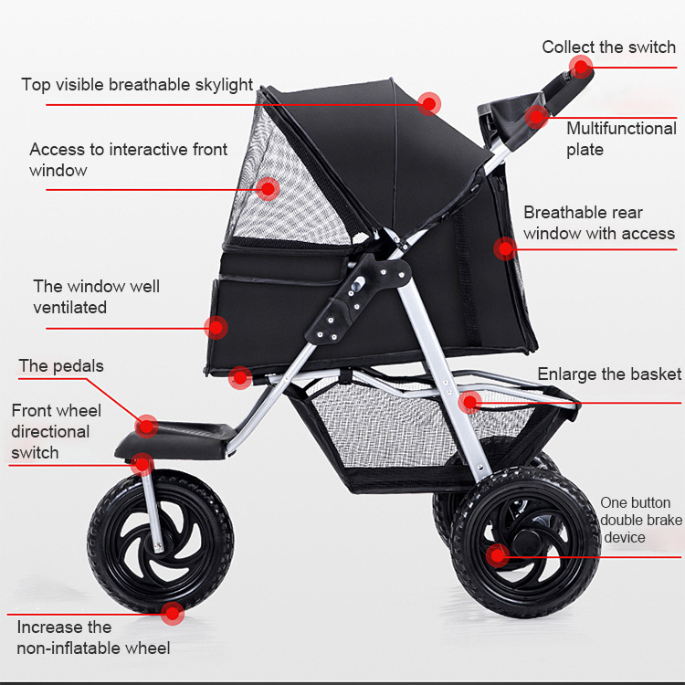 Portable Double Brake Pet Stroller One Hand Fold Up Pet Stroller For Dogs And Cats