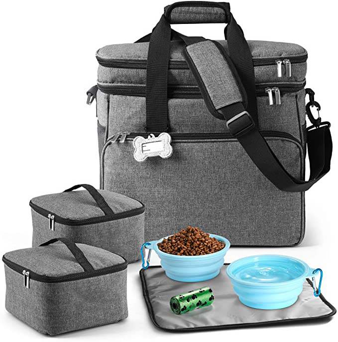 Multi-Use Dog Travel Kit with 2 Collapsible Silicone Bowls And 2 Food Containers Pet Carrier Travel Bag