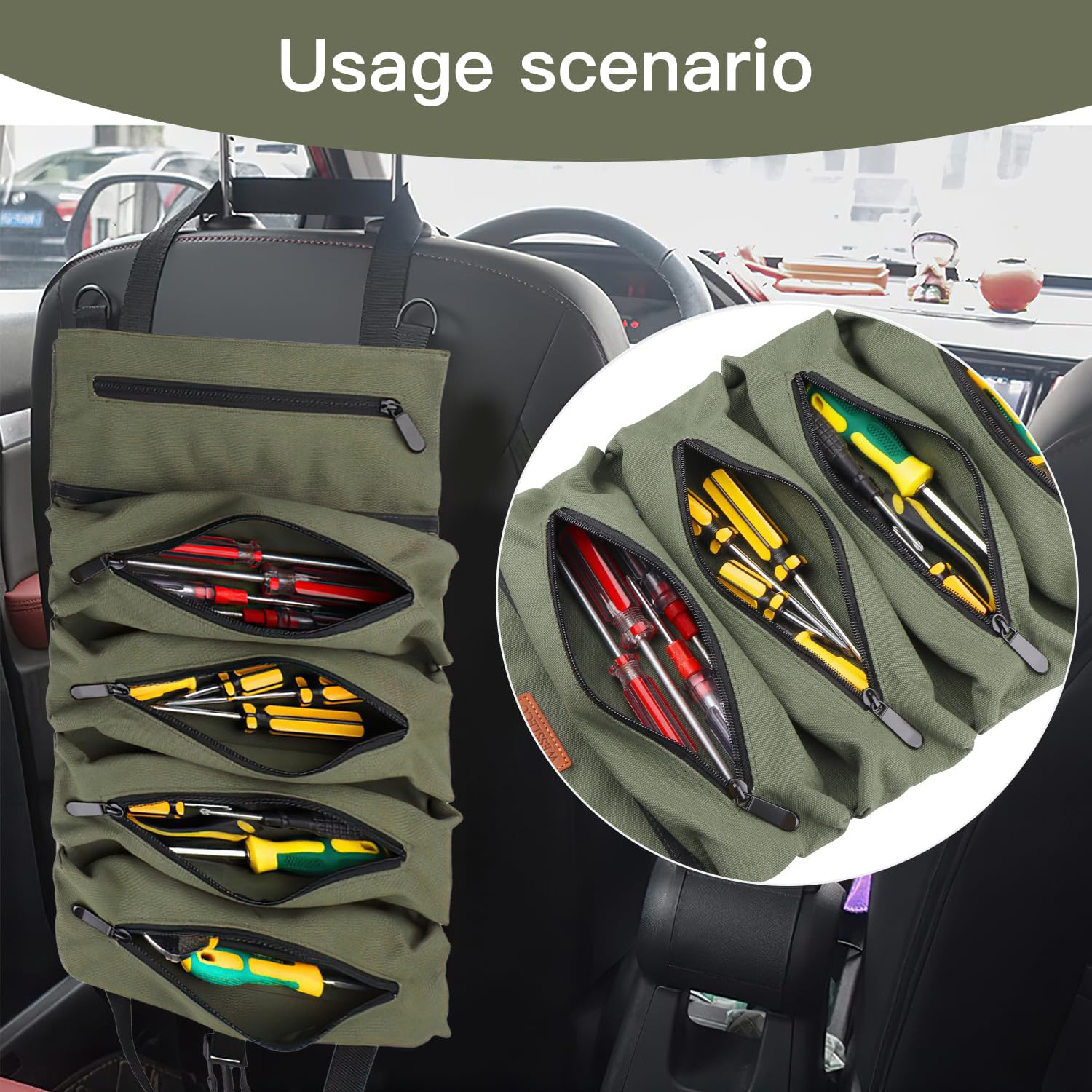 BSCI Factory Custom Logo Foldable Tool Bag, Waterproof Multi-purpose Tool Roll Bag Car Seat Storage Bag with 5 Zip Pockets