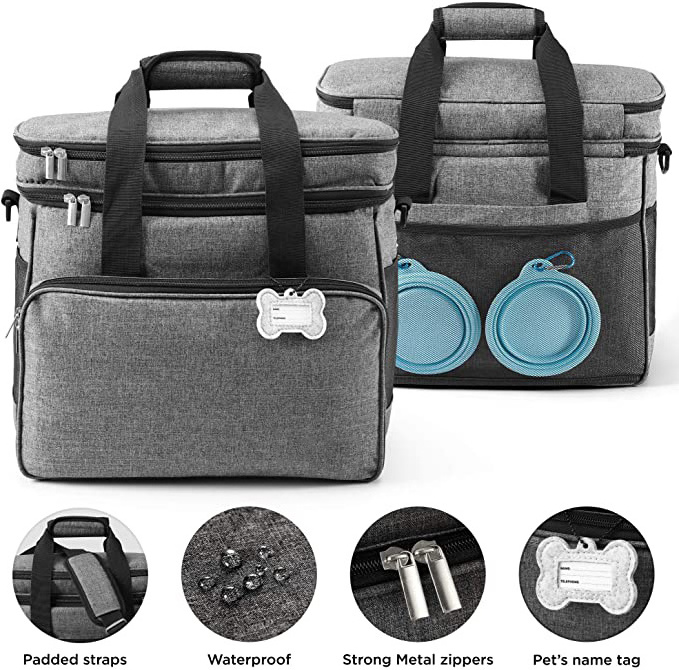 Multi-Use Dog Travel Kit with 2 Collapsible Silicone Bowls And 2 Food Containers Pet Carrier Travel Bag