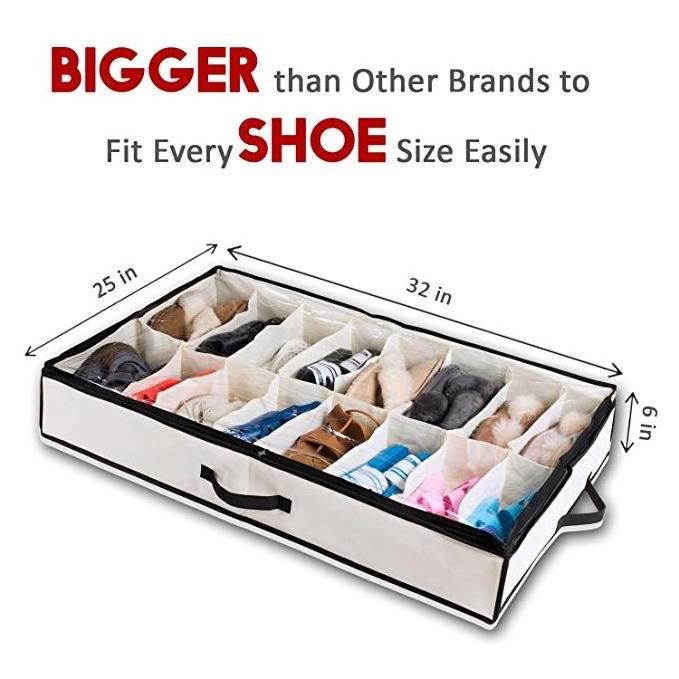 Sturdy Breathable Fabric Bed Shoe Organizer Fits 12 Pairs Set of 2 Underbed Storage