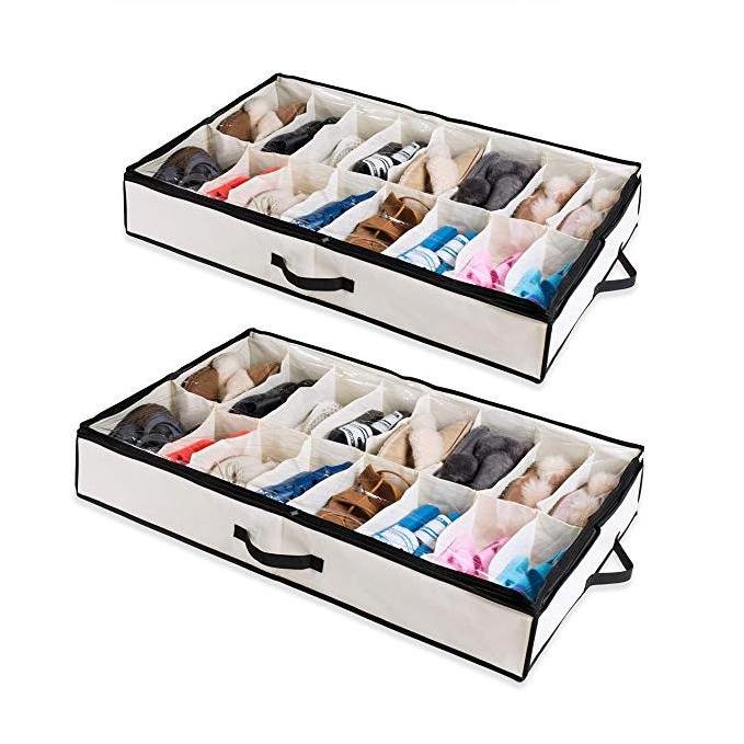 Sturdy Breathable Fabric Bed Shoe Organizer Fits 12 Pairs Set of 2 Underbed Storage