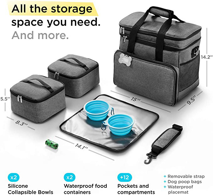 Multi-Use Dog Travel Kit with 2 Collapsible Silicone Bowls And 2 Food Containers Pet Carrier Travel Bag