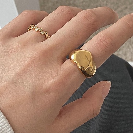 Hot Selling Heart Signet Rings 18k Gold Plated Chunky Heart Stainless Steel Rings