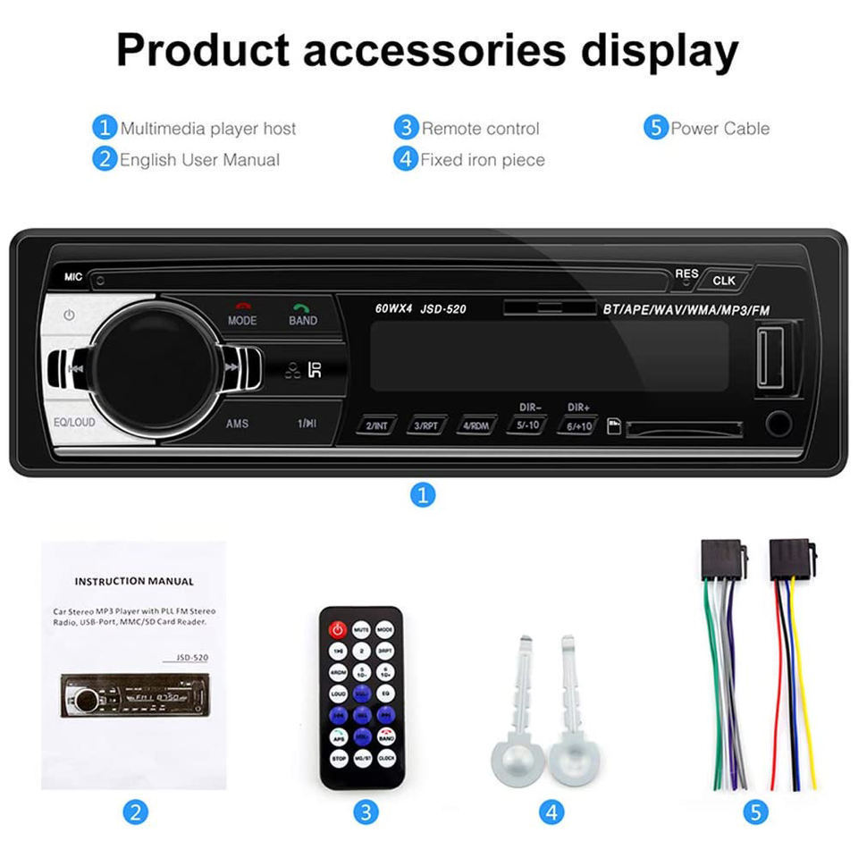 1Din SD MP3 Player JSD-520 car stereo radio FM Aux Input Receiver USB with BT Audio