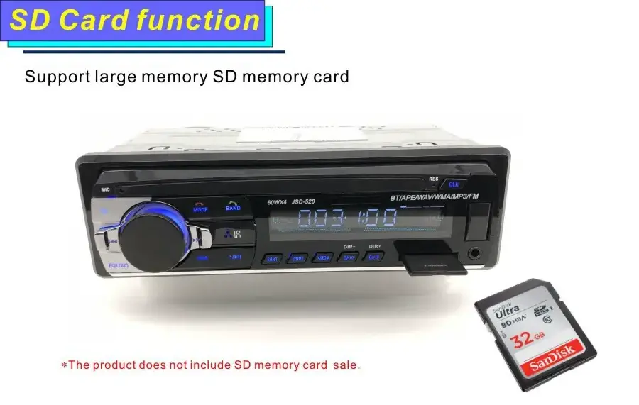 1Din SD MP3 Player JSD-520 car stereo radio FM Aux Input Receiver USB with BT Audio