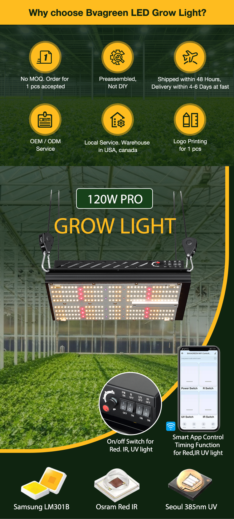 Bavagreen 120w samsung lm301b mix oslon SSL red ir seoul uv dimmable 2020 led grow lights bar lm301h uv ir plant light