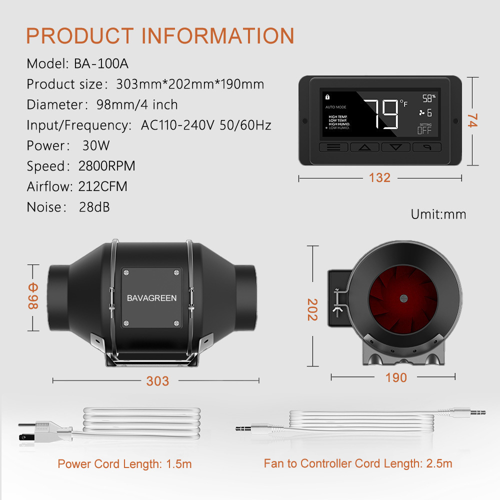 BAVA Dropshipping 4 Inch Inline Duct Ventilation Fan App WiFi Controller Centrifugal Exhaust Fan for LED Grow Plant Tent