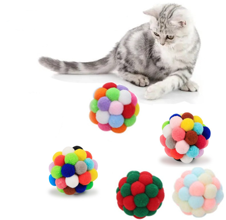 Colorful Pom Pom Ball Handmade Pet Soft Ball Bouncy Ball Kitten Toys Training Throwing Cat Plush Toy