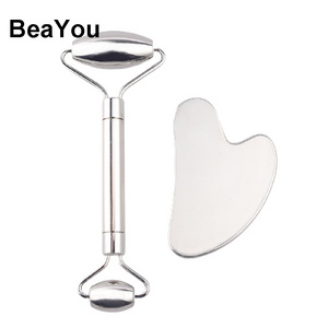 Skin Care Custom Logo Guasha Metal Bulk Face Roller And Gua Sha Masaj Facial Set Ice Roller For Face Stainless Steel Gua Sha