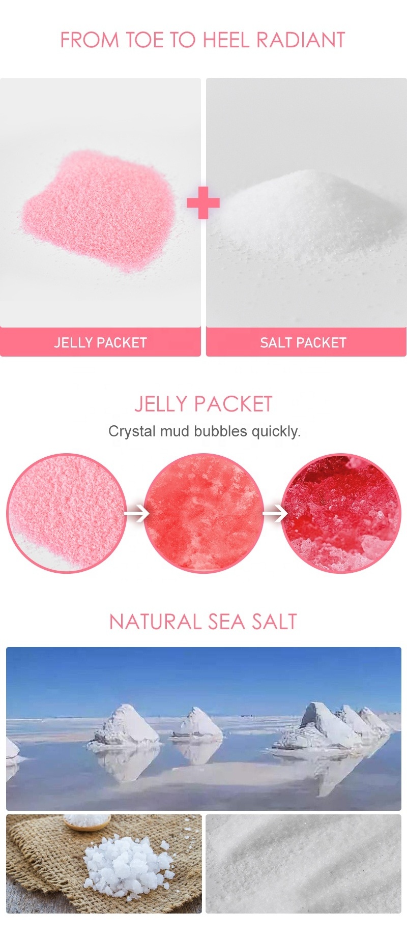 Pedicure crystal jelly packet 2 steps 100g foot sea salt from toe to heel radiant natural sea salt footspa