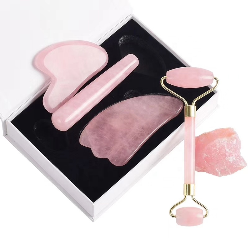 Custom facial tool guasha anti wrinkles slimming natural stone face pink rose quartz jade roller gua sha set guasha massage tool