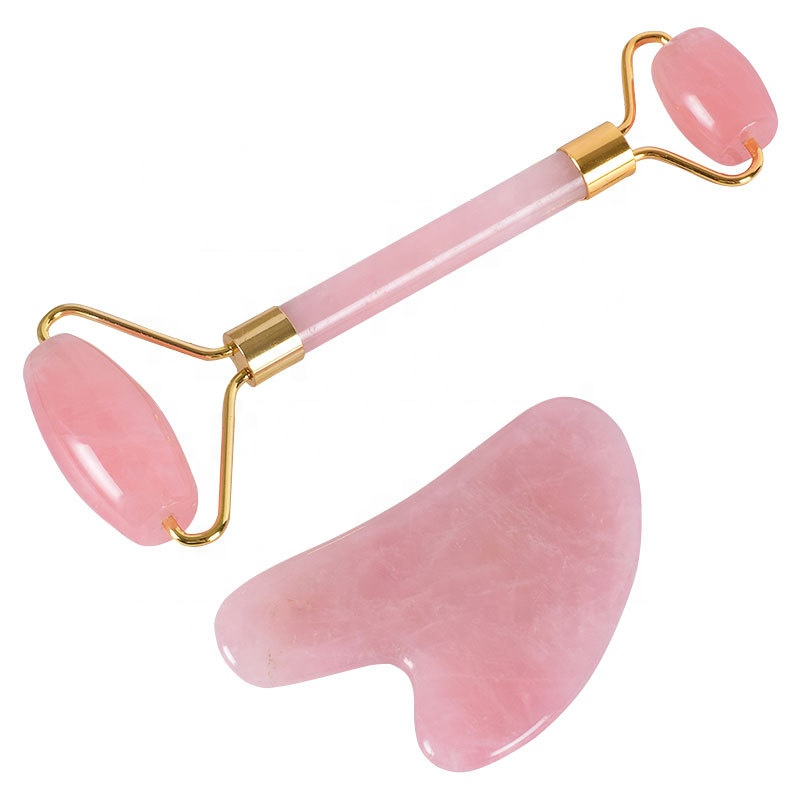 Custom facial tool guasha anti wrinkles slimming natural stone face pink rose quartz jade roller gua sha set guasha massage tool