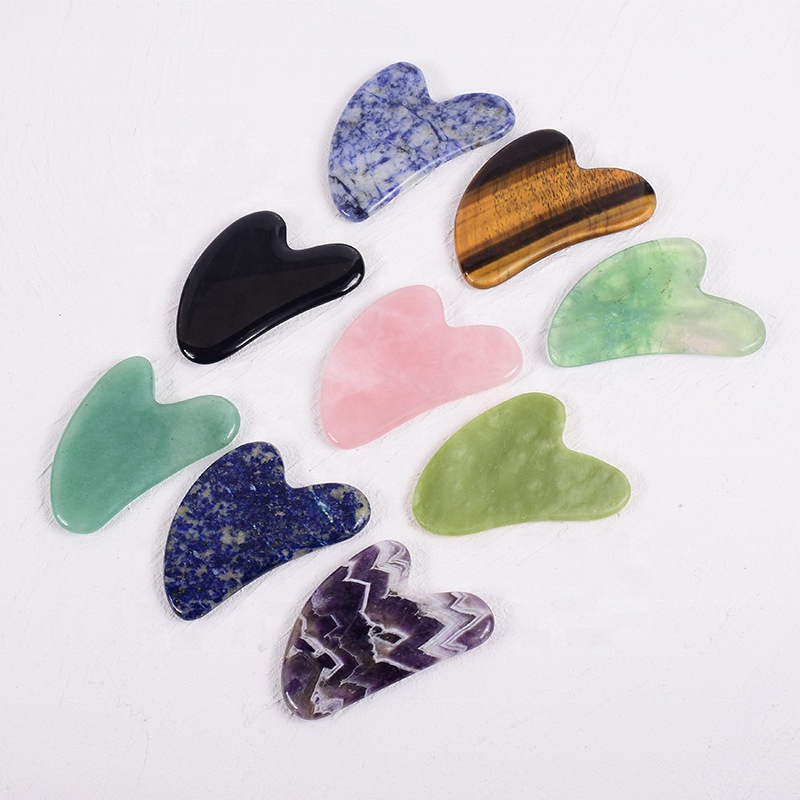 Custom Face Massager Heart Gua Sha Stone Obsidian Rose Quartz Nephrite Jade Guasha Massage Tool Stainless Steel Face Gua Sha