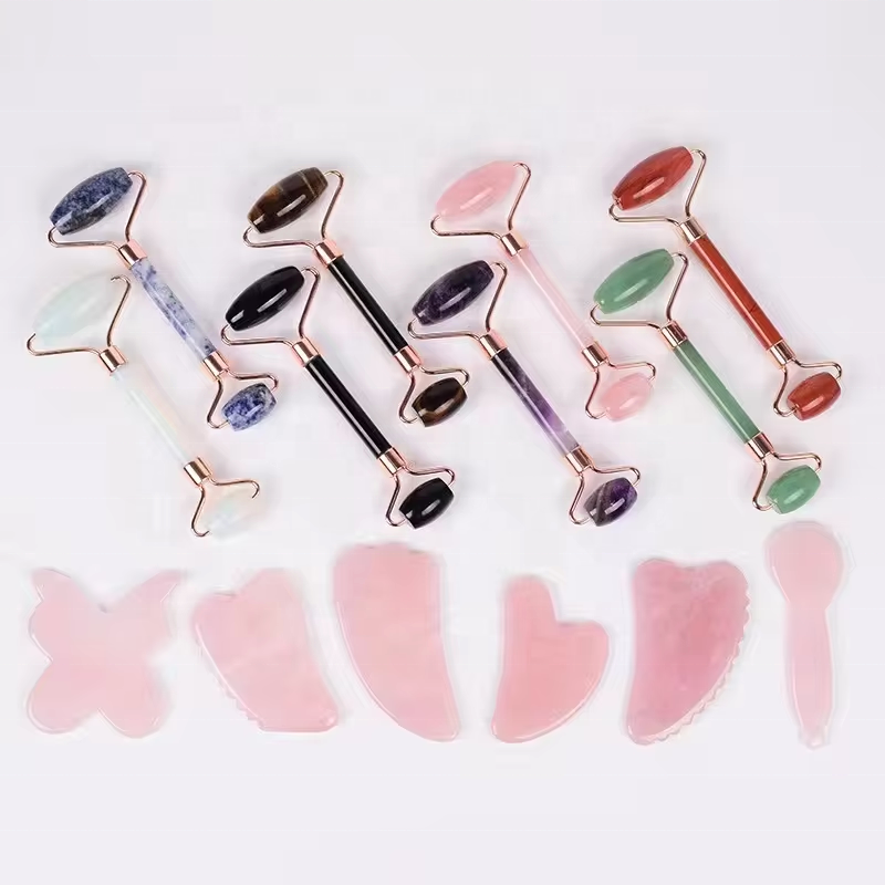 Custom facial tool guasha anti wrinkles slimming natural stone face pink rose quartz jade roller gua sha set guasha massage tool