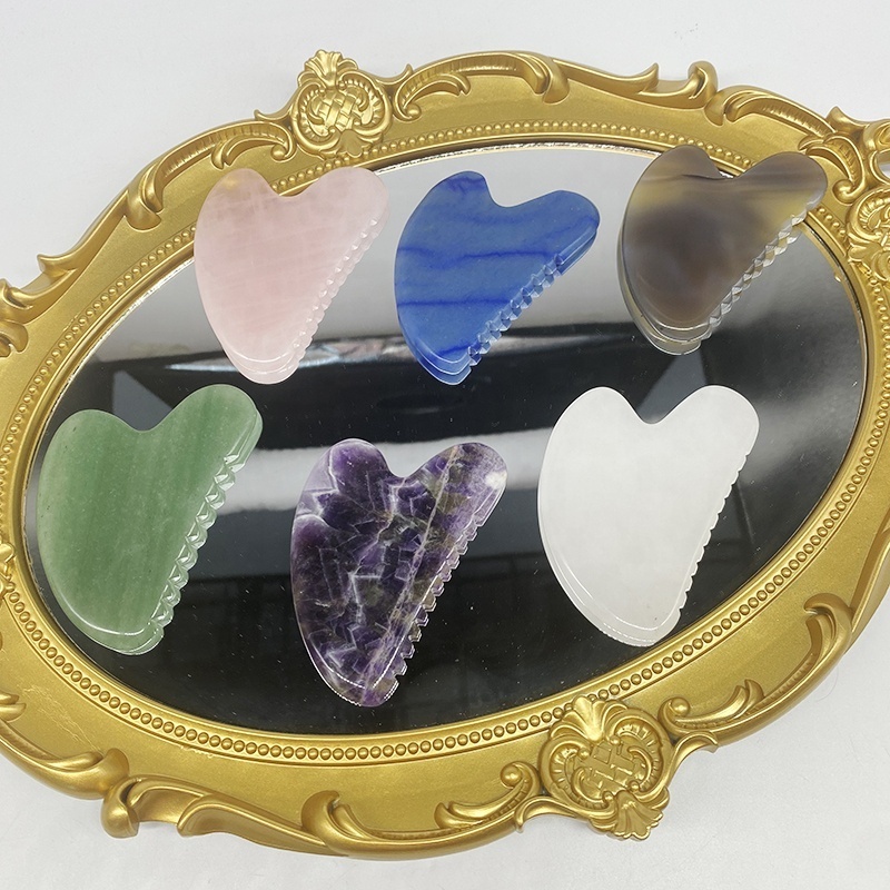 Custom Face Massager Heart Gua Sha Stone Obsidian Rose Quartz Nephrite Jade Guasha Massage Tool Stainless Steel Face Gua Sha