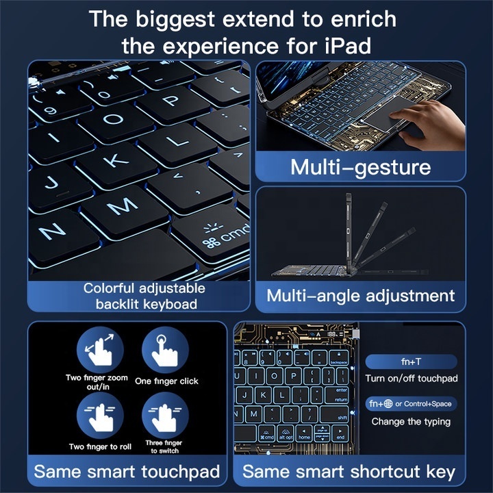 iFacomall Custom rechargeable portable backlit trackpad keyboard case for ipad 360 Rotate Wireless Keyboard tablet case