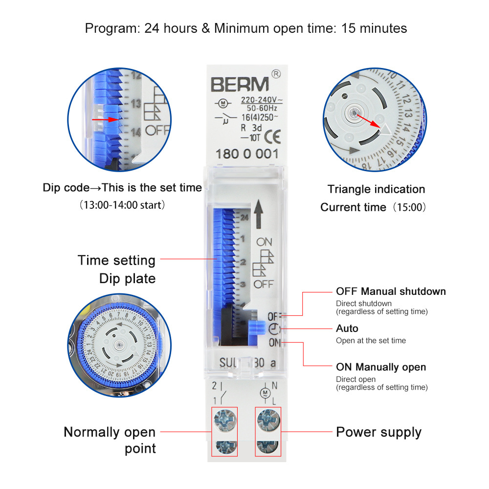 SUL180A Mechanical Timer Switch 24 hour time controller Din Rail Installation Timer Switch