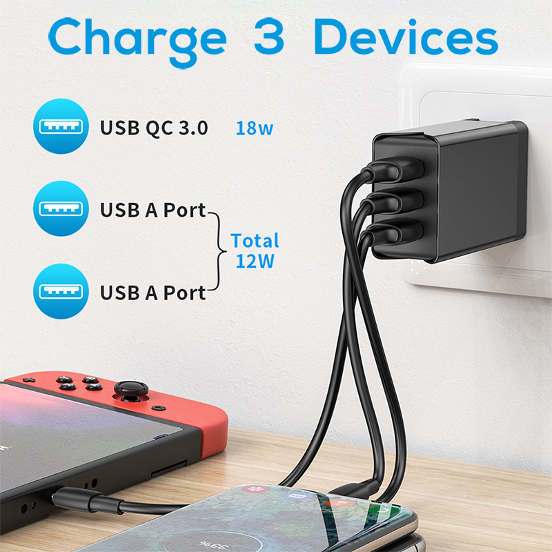 Foldable Quick Charge QC3.0 USB USA US Plug 3 Port  Usb Wall Charger light weight for traveling