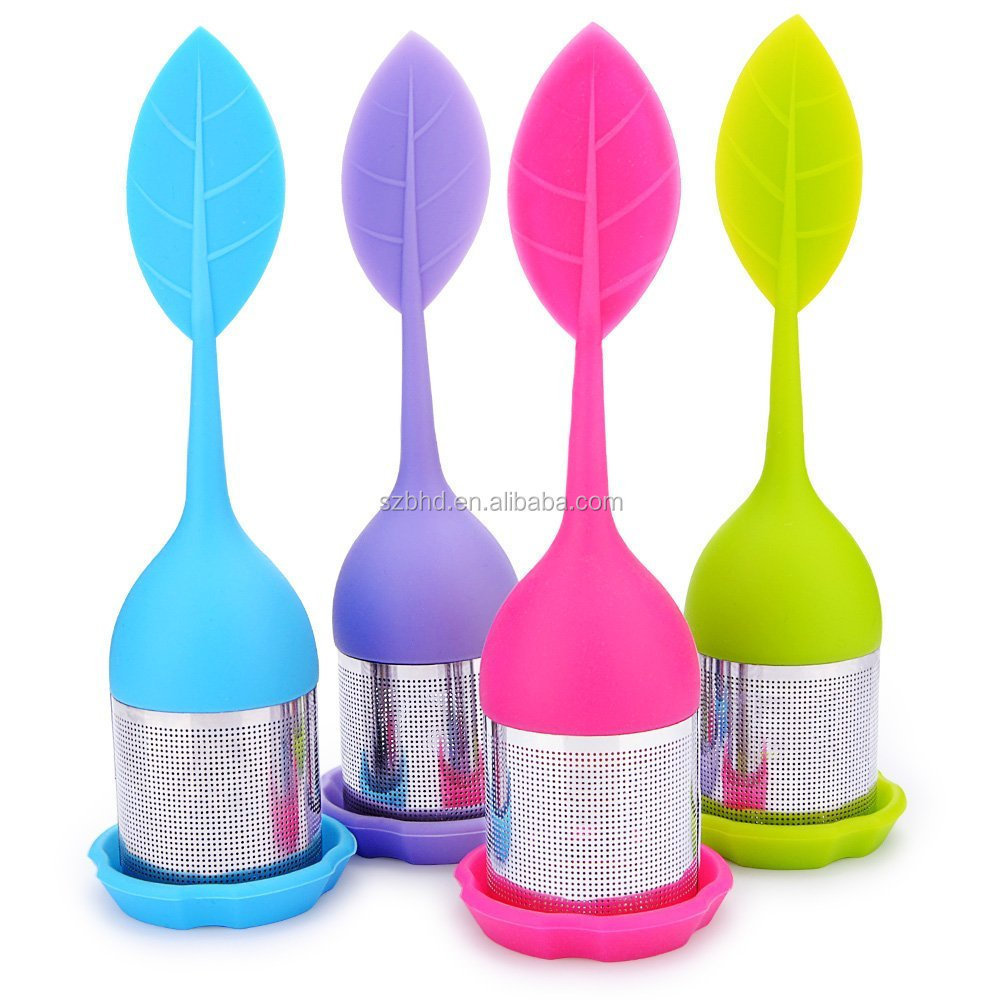 Silicone Tea Infuser Handle Stainless Steel Strainer with Drip Tray for Loose Leaf Grain Tea Cups, Mugs and Teapots