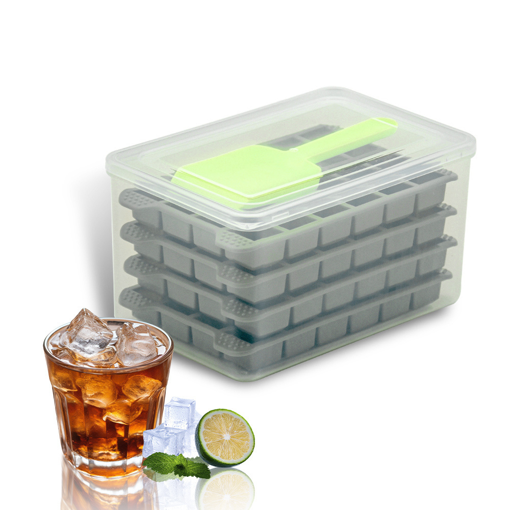 Flexible Easy Release 4 Pack 24 Cavity Mini Square Ice Cube Tray BPA Free Reusable Plastic Small Ice Cube Mold with Bin & Scoop