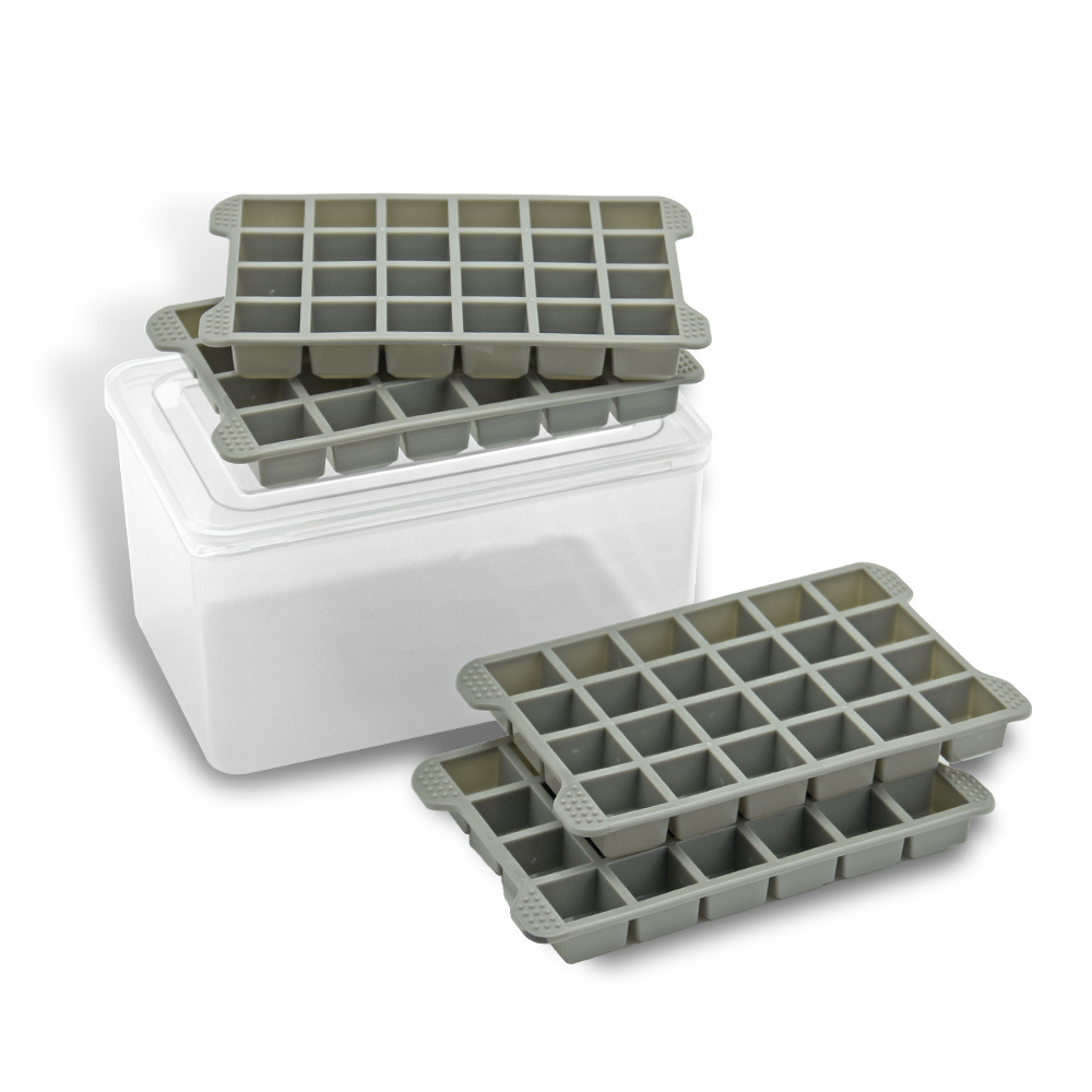 Flexible Easy Release 4 Pack 24 Cavity Mini Square Ice Cube Tray BPA Free Reusable Plastic Small Ice Cube Mold with Bin & Scoop