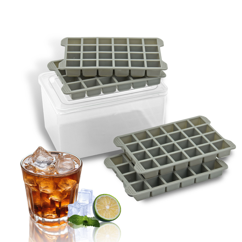 Flexible Easy Release 4 Pack 24 Cavity Mini Square Ice Cube Tray BPA Free Reusable Plastic Small Ice Cube Mold with Bin & Scoop