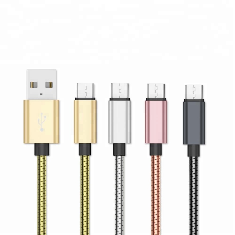 Premium Metal Braided USB Data Cable Fast Charging Micro USB Cable Metal Spring Style USB Type C Mobile Cable 20cm 100cm 200cm