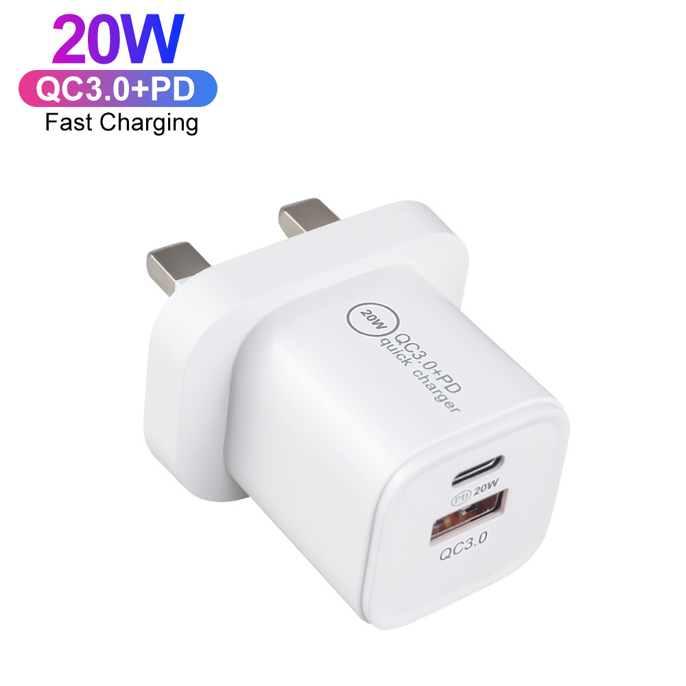 Shenzhen Factory Dual Port 20W Charger UK Plug USB C Charger Mini PD 20W Charger for iPhone 13 14 15 Pro Max