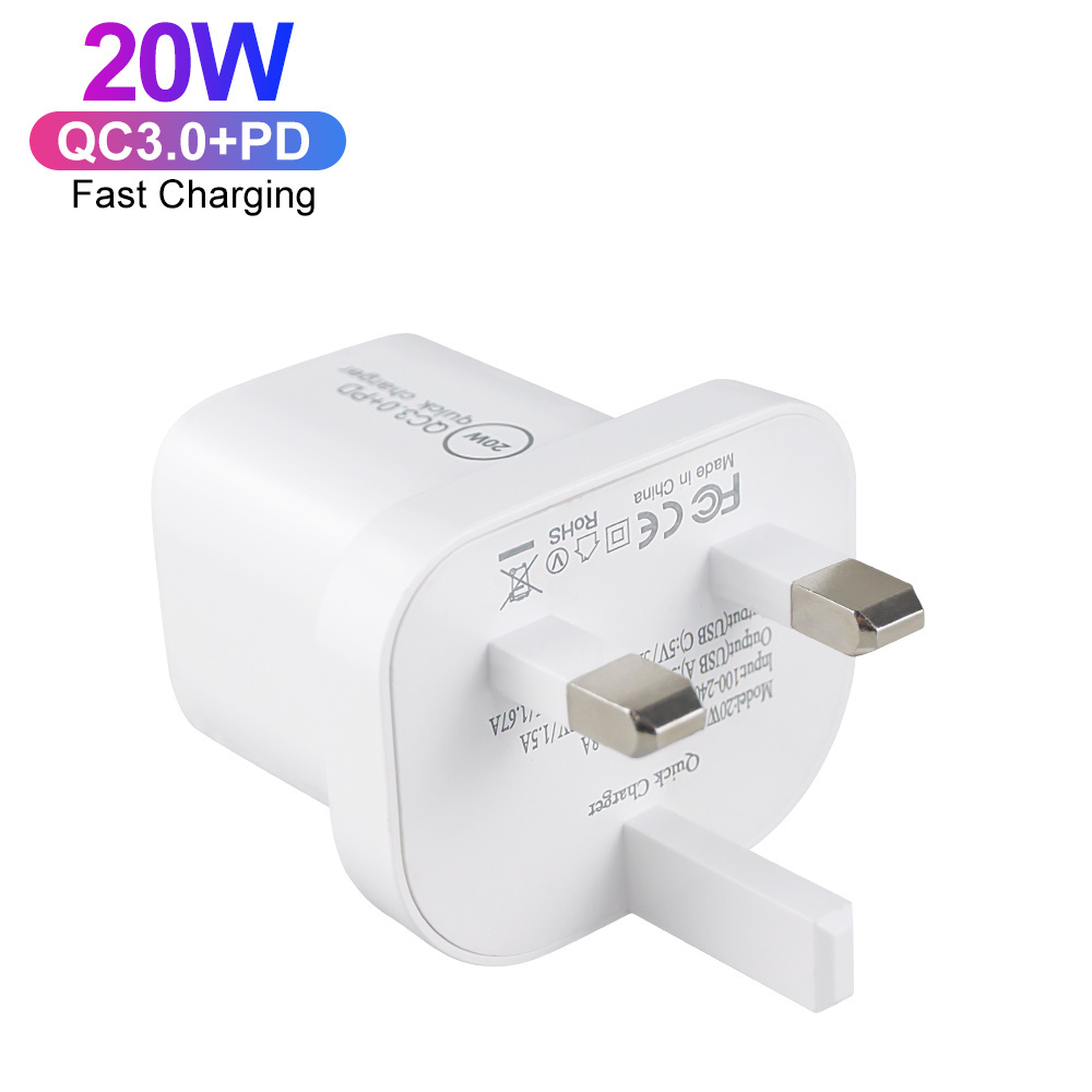 Shenzhen Factory Dual Port 20W Charger UK Plug USB C Charger Mini PD 20W Charger for iPhone 13 14 15 Pro Max