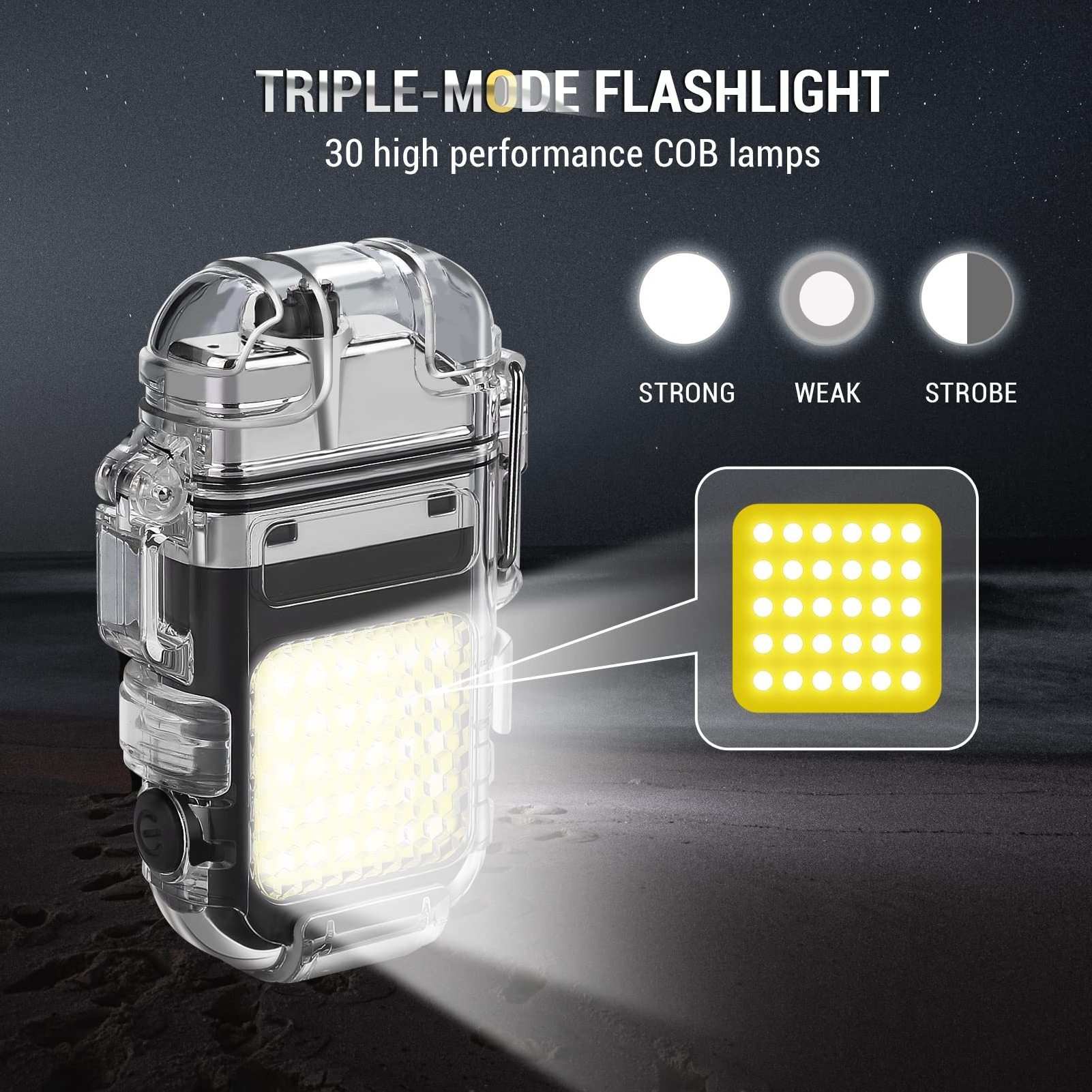 Electronic Type C Rechargeable Double Arc LED Flashlight Lighter Transparent Outdoor Waterproof Survival Lighter