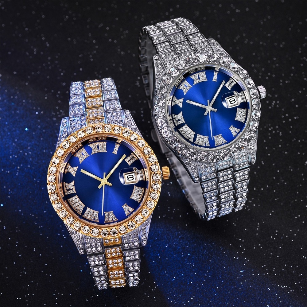 Luxury Bling Hip Hop Fully Iced Out Watches Silver Gold Blue Dial Quartz Diamond Watches Men Wrist moissanite watch