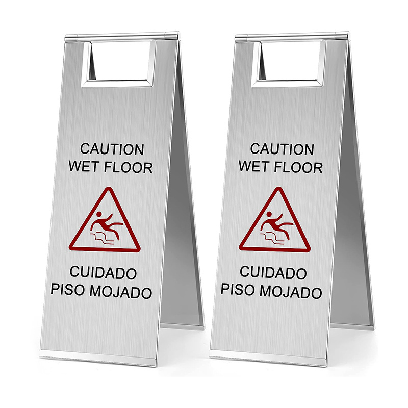 2PCS Stainless Steel Wet Floor Sign Caution Wet Floor Sign Double Sided Portable Foldable Handle Safety Warning Signs For Shop