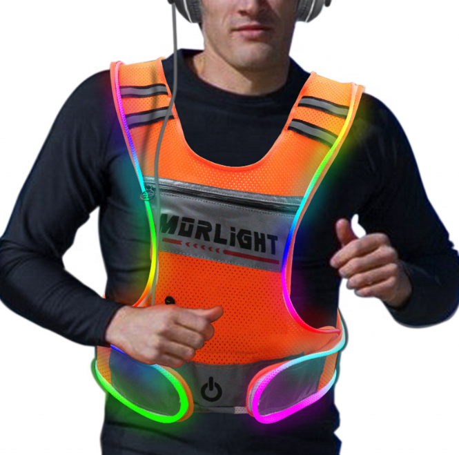 LED Reflective Vest Outdoor Sports Cycling USB Charging Safety Vest Large Pocket Adjustable Waist Belt Running Gear Riding Vest