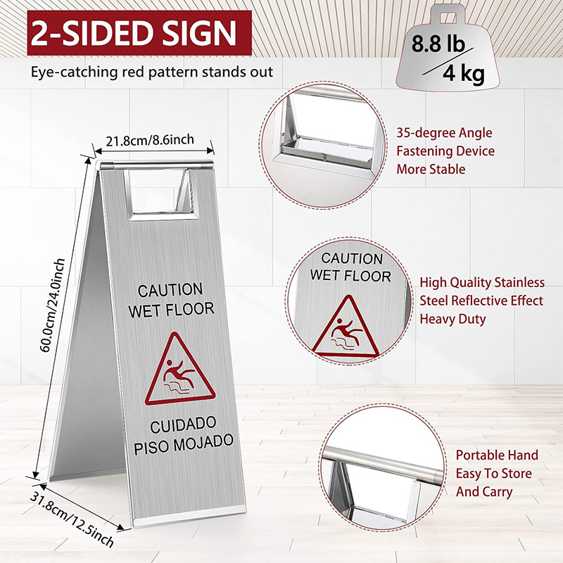 2PCS Stainless Steel Wet Floor Sign Caution Wet Floor Sign Double Sided Portable Foldable Handle Safety Warning Signs For Shop