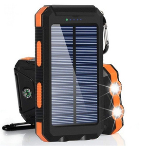 Solar Power Bank Waterproof 20000mAh Charger 2 USB Ports External Charger Powerbank with LED light and compass