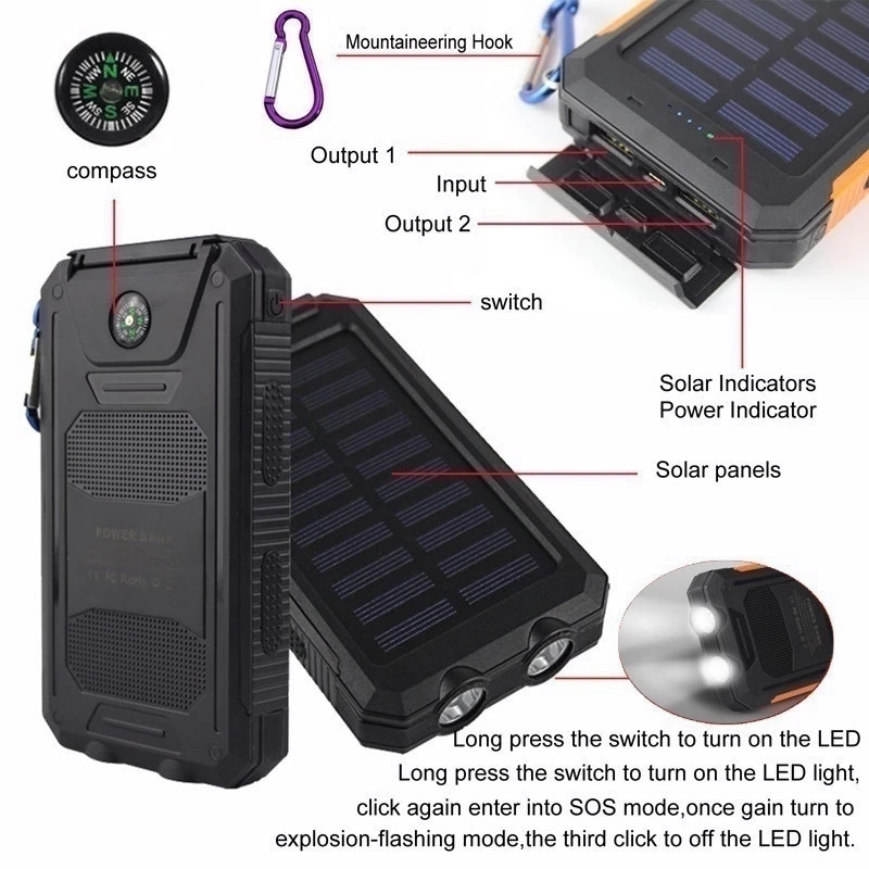 Solar Power Bank Waterproof 20000mAh Charger 2 USB Ports External Charger Powerbank with LED light and compass