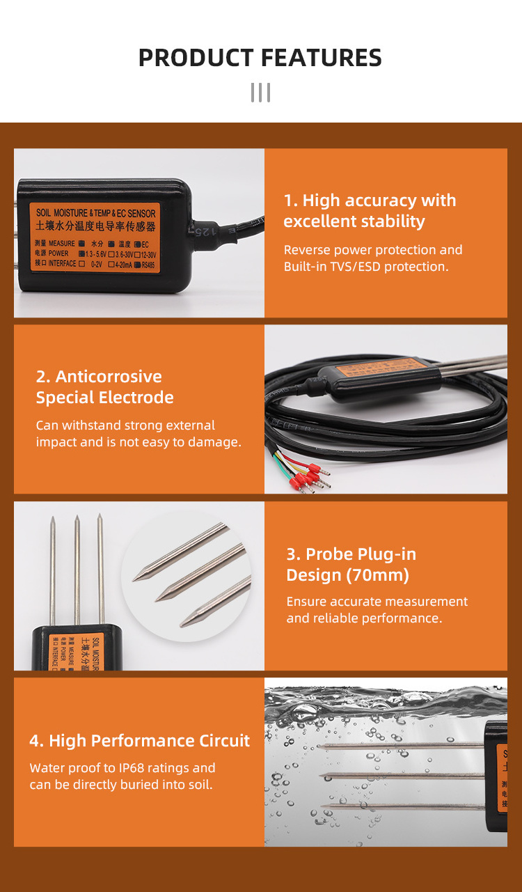 Soil Sensor to test volumetric water content and temperature 4in1 digital soil ph meter