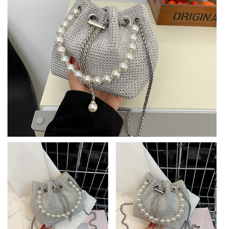 Luxurious Women's Pearl Bag Sparkling Rhinestone Embellished Shoulder Purse with Iron Chain Drawstring Evening Bag