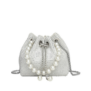 Luxurious Women's Pearl Bag Sparkling Rhinestone Embellished Shoulder Purse with Iron Chain Drawstring Evening Bag