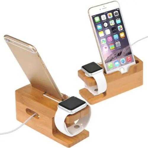 Customized 2 in 1 Desk Mobile Phone Stand Smart watch Bracket wood mobile phone holder